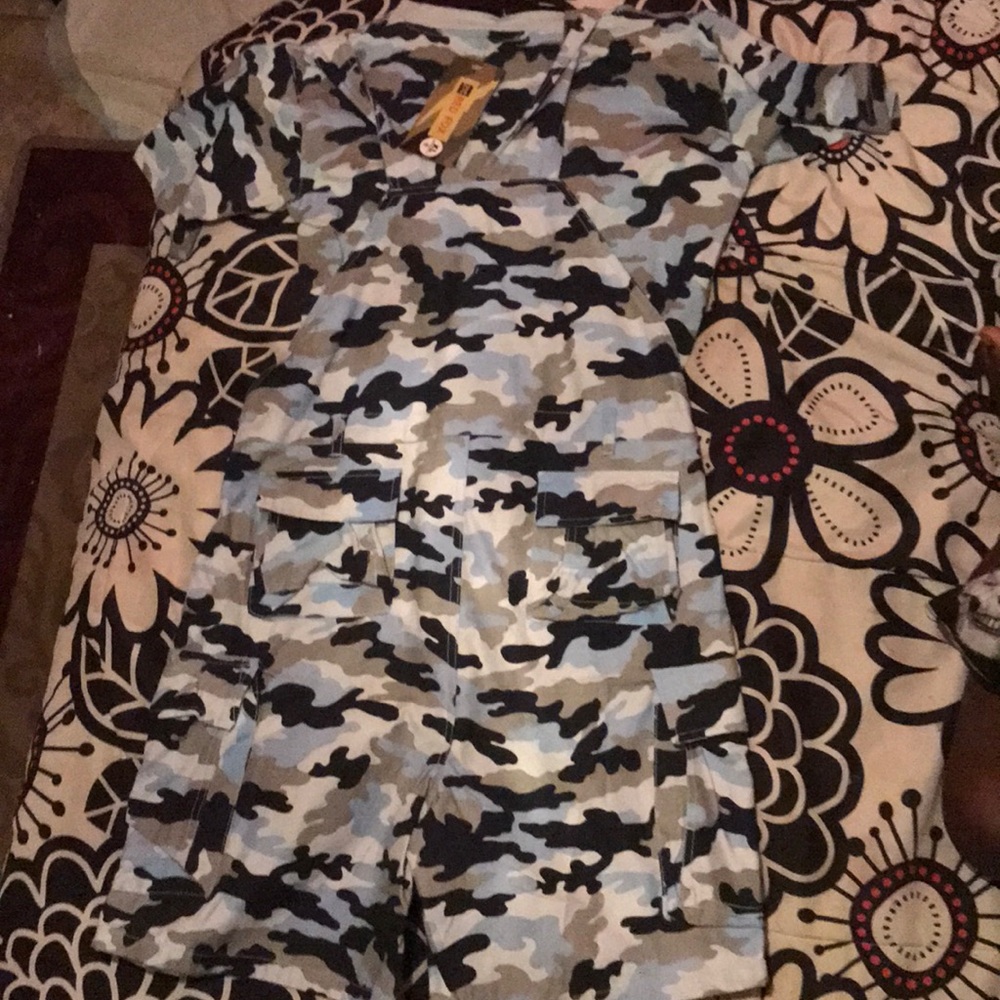 A blue,black,and white jumpsuit